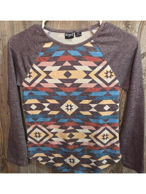 Cruel Girls Medium 8 Gray Aztec Print Raglan Shirt Long Sleeve Western Rodeo